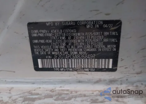 2022 Subaru Crosstrek Premium z USA, uszkodzony, nr VIN JF2GTAPC5N8268497